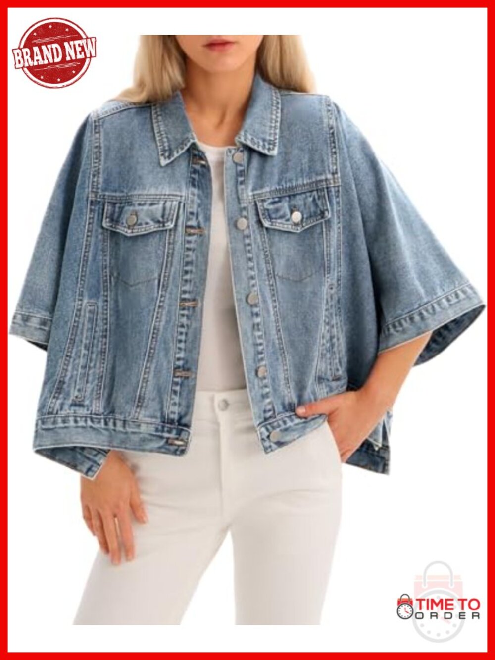 Oversized Cropped Denim Jacket with Pockets, Cape Style, Half Sleeve Button Down